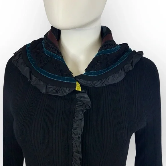 Etro Black & Teal Ruffled Cardigan Soft Angora Lace & Ribbon Detail M/44/8 - Picture 3 of 12